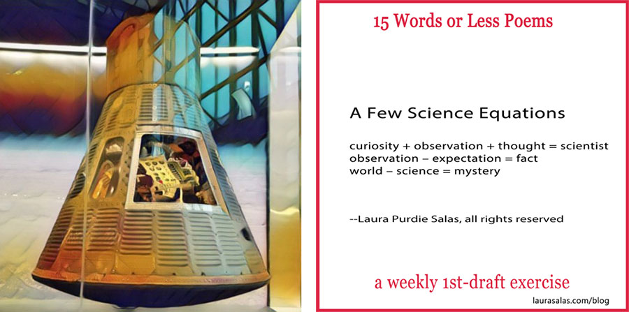 Author Laura Salas floating in the space module at the National Air & Space Museum and example of 15 Words or Less Poem