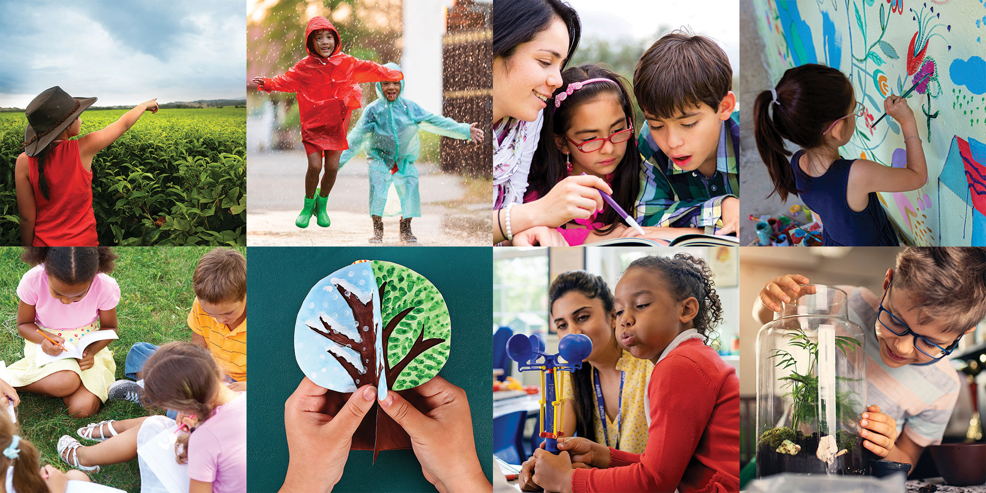 Mosaic of multicultural kids doing weather and climate-related activities