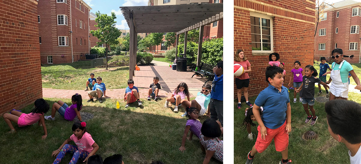 Diverse group of elementary kids in a summer learning program about space practicing astronaut exercises