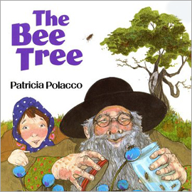 cover of "The Bee Tree" cover of "The Bee Tree" showing young girl looking over man's shoulder. He has a jar of bees.