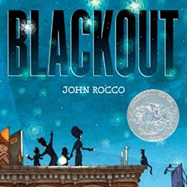 illustrated cover of Blackout illustrated cover of Blackout showing a dark sky with starrs. A family with flashlights looks out at the night..