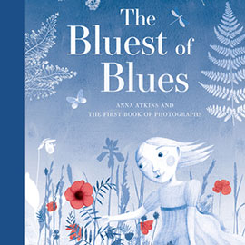 cover of The Bluest of Blues illustrated cover of The Bluest of Blues showing a young girl outside and everything is in shades of blue and white, except red flowers.