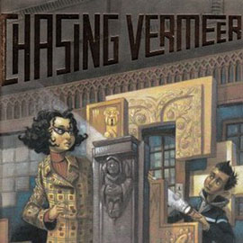 illustrated cover of Chasing Vermeer illustrated cover of Chasing Vermeer showing a boy holding a flashlight and a woman inside a museum.