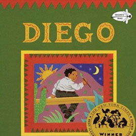 illustrated cover of Diego illustrated cover of Diego showing boy sitting on a blank holding a paintbrush. Before him is a mountain with a moon on one side, the sun on the other.