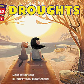cover of Droughts illustrated cover of Droughts showing a girl and a dog sitting at a receding lake.