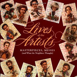 illustrated cover of Lives of the Artists illustrated cover of Lives of the Artists showing a ring of small snapshot style drawings of artists.