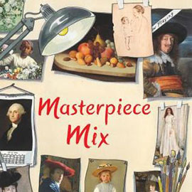 cover of Masterpiece Mix illustrated cover of Masterpiece Mix showing articulating lamp with clippings of famous art on wall behind it