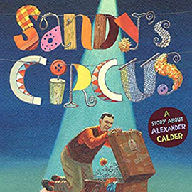 illustrated cover of Sandy's Circus illustrated cover of Sandy's Circus showing man kneeling in front of an open suitcase. A flower is blooming inside the case.
