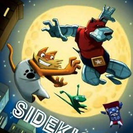 illustrated cover of "Sidekicks" showing animals in superhero costumes illustrated cover of "Sidekicks" showing animals in superhero costumes