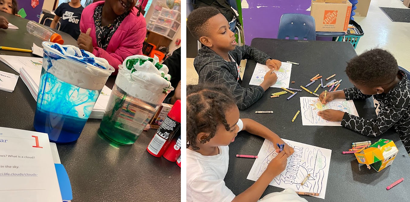 children creating a cloud in a jar and making drawings for their weather journals