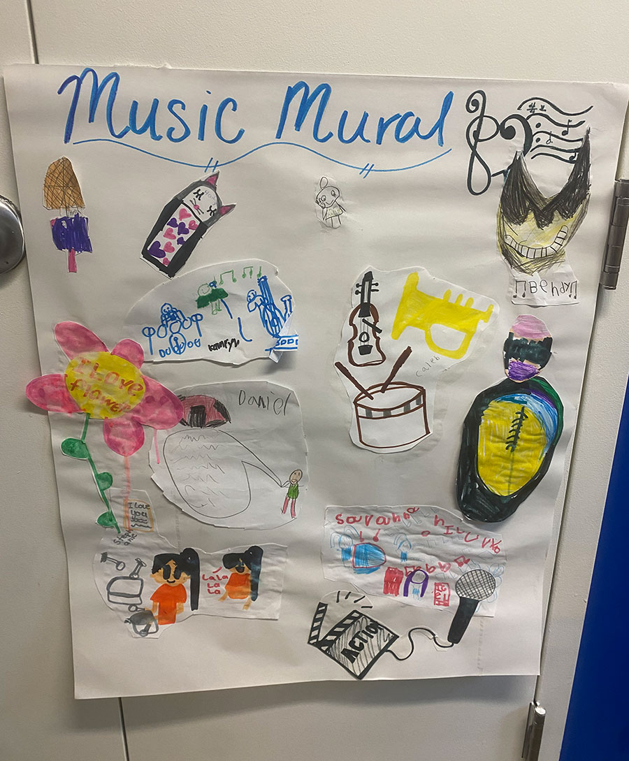 Children's collage and drawings for a music mural