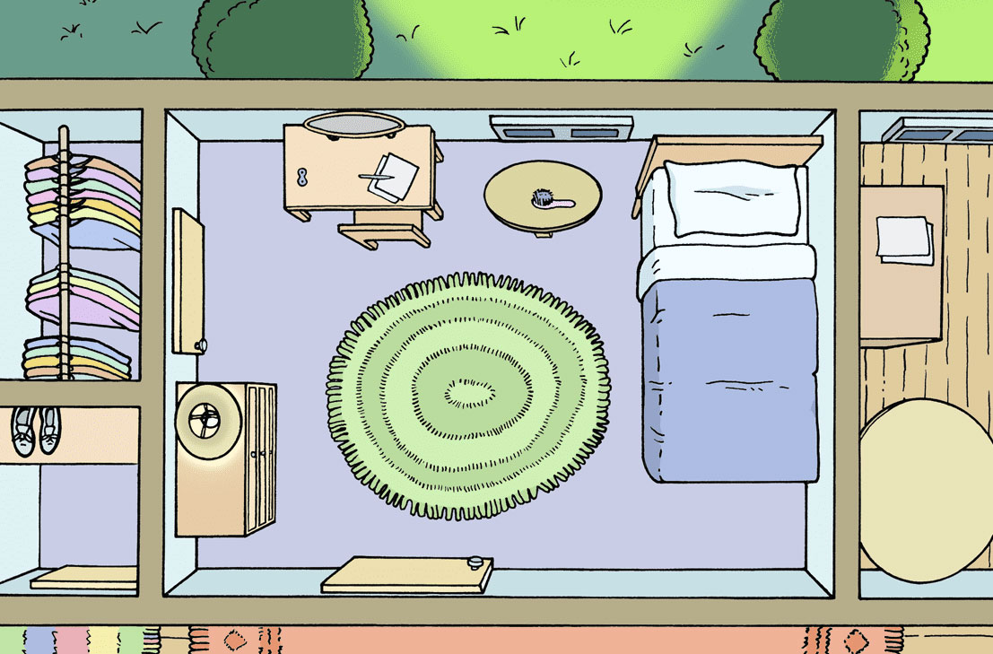 drawing of a bedroom as seen from above