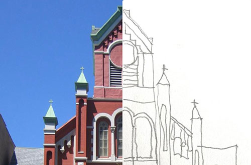 split photo and illustration of a red brick building