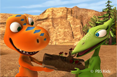 two cartoon dinosaurs holding a log
