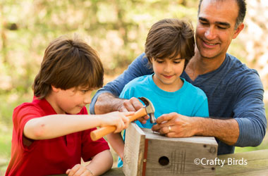 man and two boys building a birdhouse