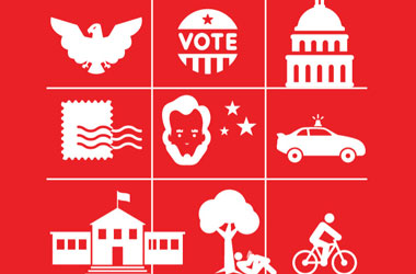 Red and white graphic with images of government-related topics.