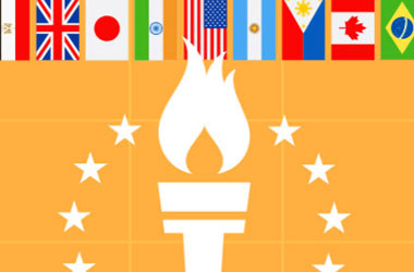 Drawing of an olympic torch with country flags above it.