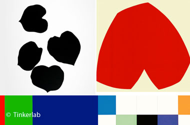 drawings of leaves and a heart and colored boxes, all in solid colors