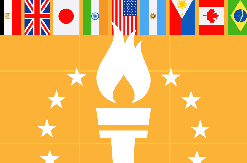 Drawing of an olympic torch with country flags above it