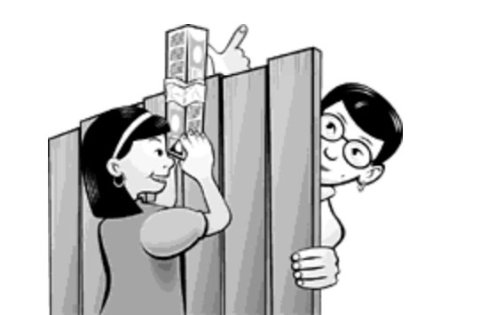 drawing of a child using a DIY periscope to look over a fence