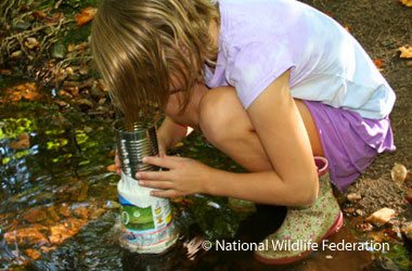 Child looking through a tin can and plastic container at something under the pond water.
