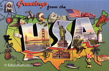 a drawing of the U.S. showing iconic images from across the country