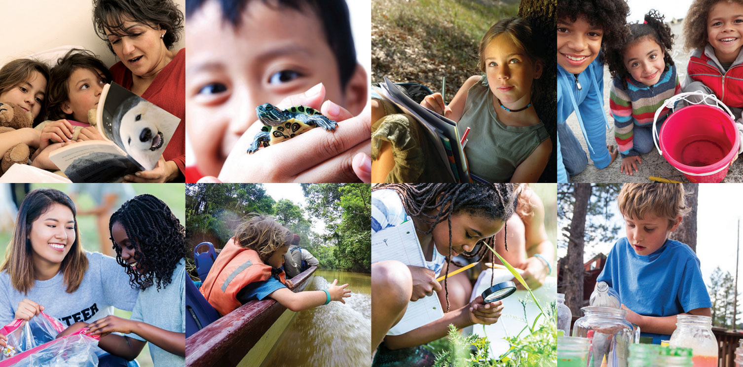 Summer science: multicultural young children doing river exploration and water activities