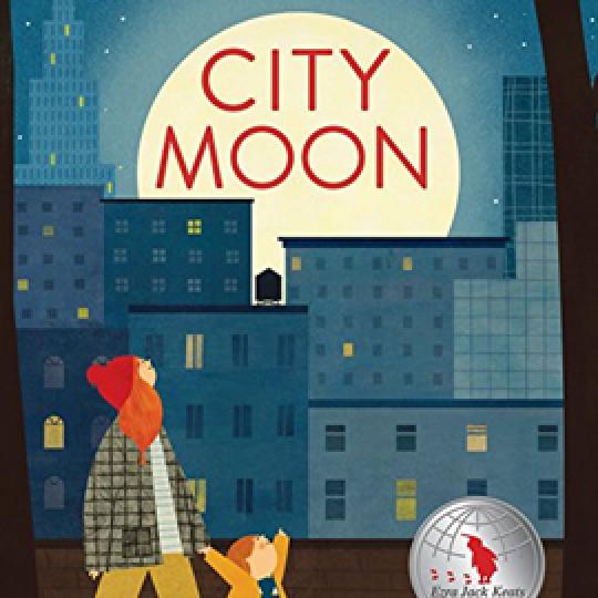 illustrated cover of City Moon showing a skyline with a large moon and an adult and child walking