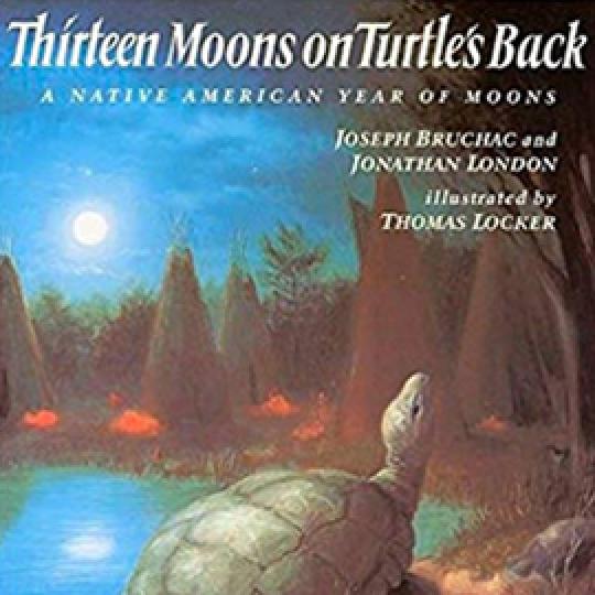 illustrated cover of Thirteen Moons on Turtle's Back showing a turtle and flamingos by water with the moon in the sky