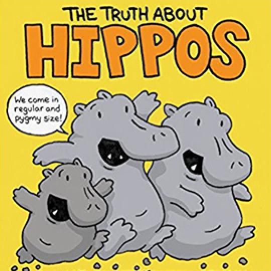 The Truth About Hippos cover showing three running hippos on a yellow background