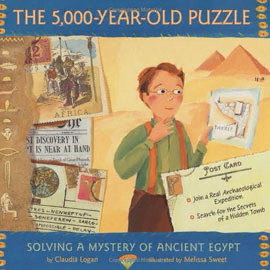 Cover of the 5000-year-old Puzzle showing a boy surrounded by postcards, newspapers, and pyramids.