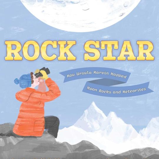 Book cover with illustration of woman in coat and hat using binoculars to look up at the moon