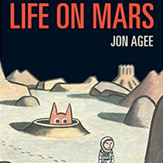 illustrated cover of Life on Mars showing a boy dressed as an astrounaut walking across the moon while a creature peeks out from a hole