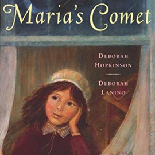 illustrated cover of Maria's Comet showing leaning against a windowsill, resting her head in her hand, and staring out the window