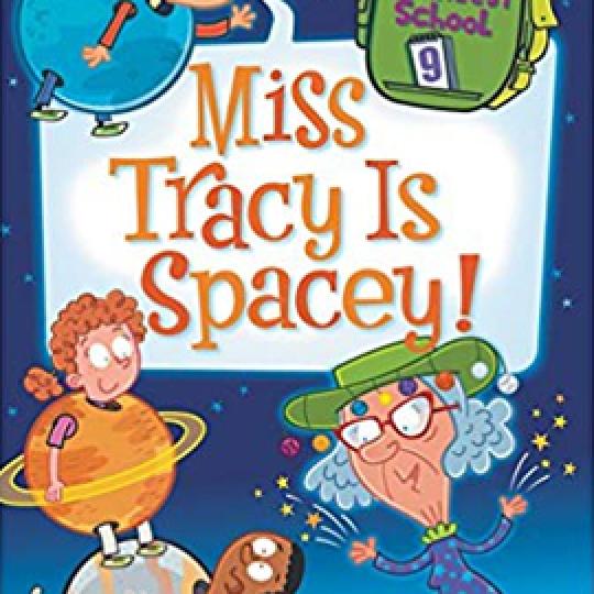 illustrated cover of Miss Tracy Is Spacey showing showing children dressed as plants and a grey-haired woman in a green hat