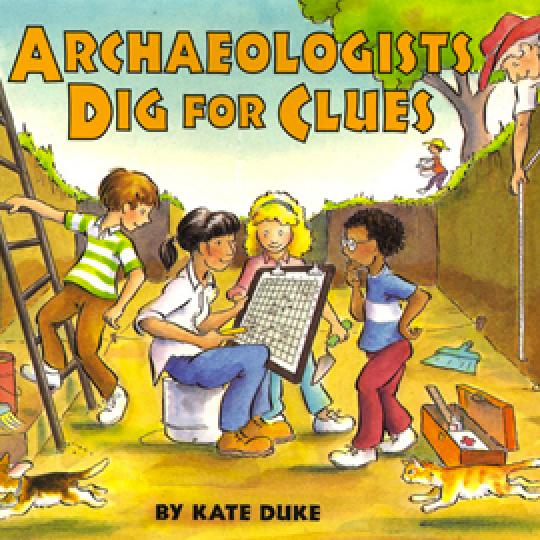 cover of "Archeologists Dig for Clues" showing kids looking at a dig grid map