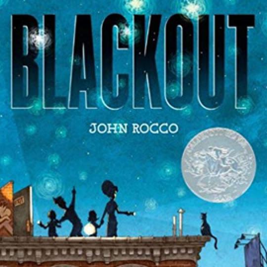 illustrated cover of Blackout showing a dark sky with stars. A family with flashlights looks out at the night..