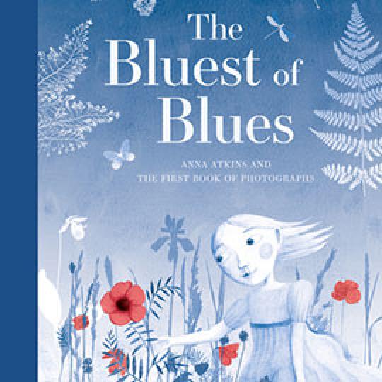 illustrated cover of The Bluest of Blues showing a young girl outside and everything is in shades of blue and white, except red flowers.