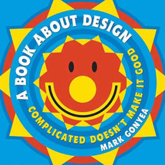 illustrated cover of A Book About Design showing a brightly colored red, blue, and yeloow sun with a smiling face