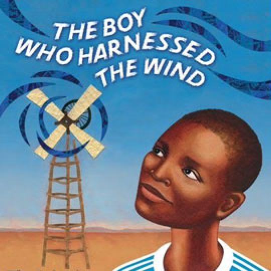 cover of "The Boy Who Harnesses the Wind" sowing boy and a windmill