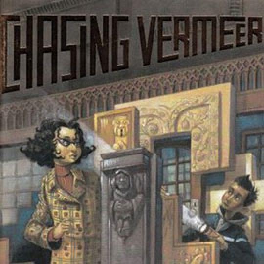 illustrated cover of Chasing Vermeer showing a boy holding a flashlight and a woman inside a museum.