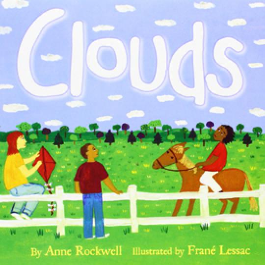 illustrated cover of "Clouds" showing horseback riders under a cloudy blue sky