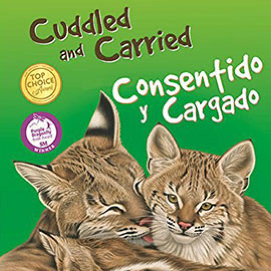 illustrated cover of English and Spanish bilingual book Cuddled and Carried showing adult and baby panthers.