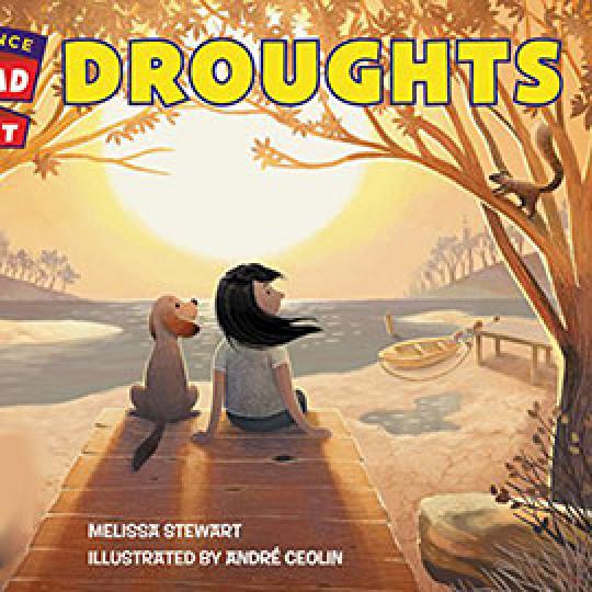 illustrated cover of Droughts showing a girl and a dog sitting at a receding lake.