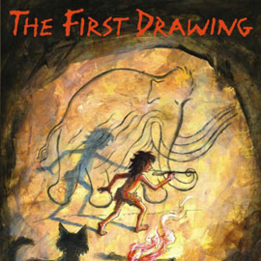 cover of "The First Drawing" showing a caveman drawing on a cave wall