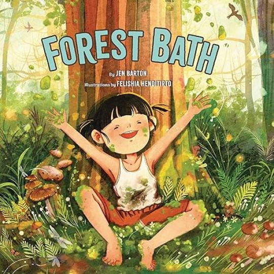 Forest Bath Book cover with child sitting with arms outstretched in front of a tree trunk