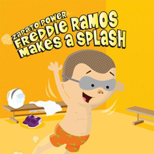 illustrated cover of "Freddie Ramos Makes a Splash" showing boy in swim goggles