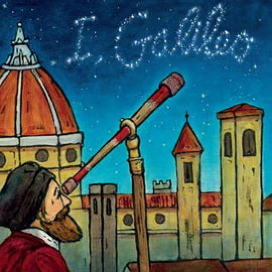 cover of "I, Galileo" showing man looking through telescope