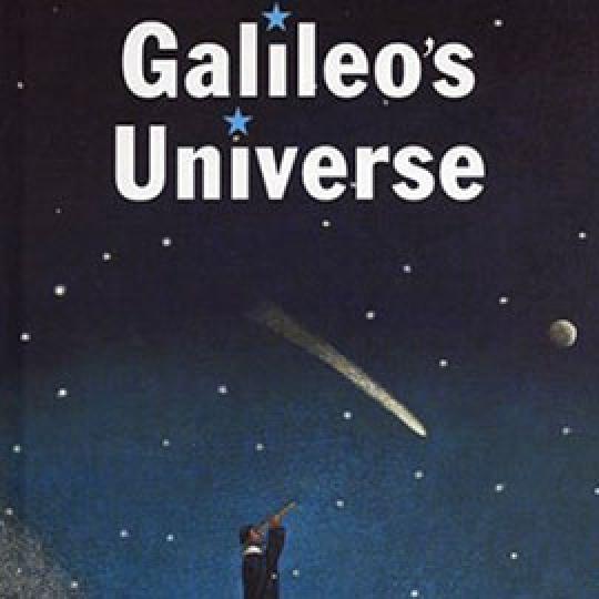 illustrated cover of Galileo's Universe showing person looking through telescope at comet in night sky.