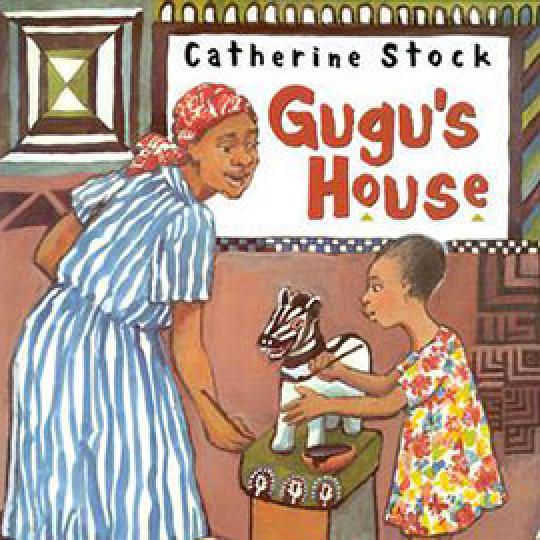 illustrated cover of GuGu's House showing woman and child. The child is painting a figure like a zebra.